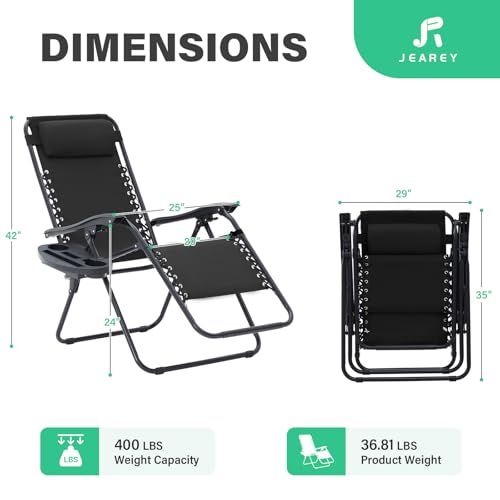JEAREY Zero Gravity Lounge Chairs Set of 2, Adjustable Steel Mesh Recliners w/Pillows and Cup Holder Trays for Patio, Gard...