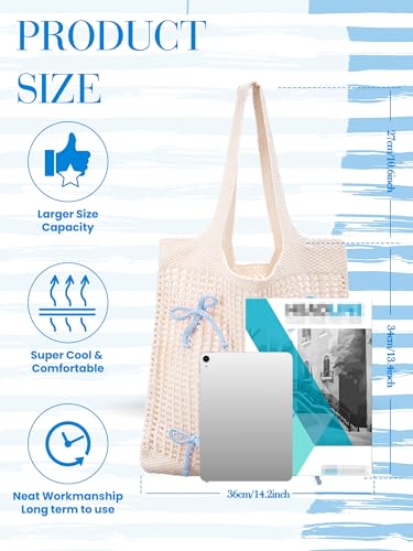 Clysee Crochet Tote Bag for Women Coquette Knit Beach Bag with Bows Preppy Woven Bag Boho Mesh Handbag for Summer Vacation