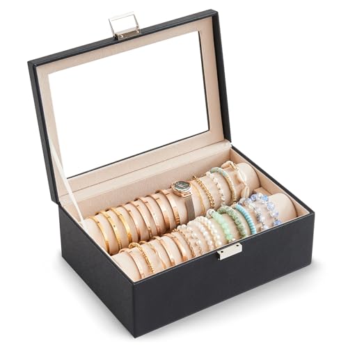 Lolalet Bracelet Display Holder with Rods for Bangles Watches, Clear Lid Jewelry Organizer Box Storage Case for Women Girl...
