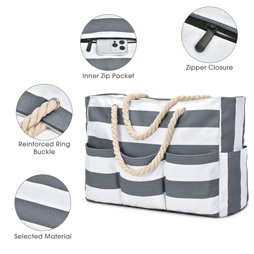 Becokan Beach Bags for Women Canvas Large Beach Tote Bag Zipper Waterproof Sandproof Foldable Swim Pool Bag with 7 Pockets