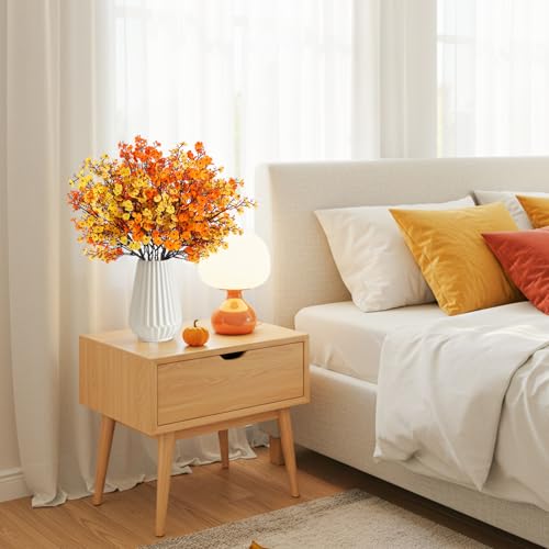HIAGROW 8Pcs Babys Breath Artificial Fake Fall Flowers, Real Touch Orange Yellow Plants Silk Flowers for Vase Home Office ...