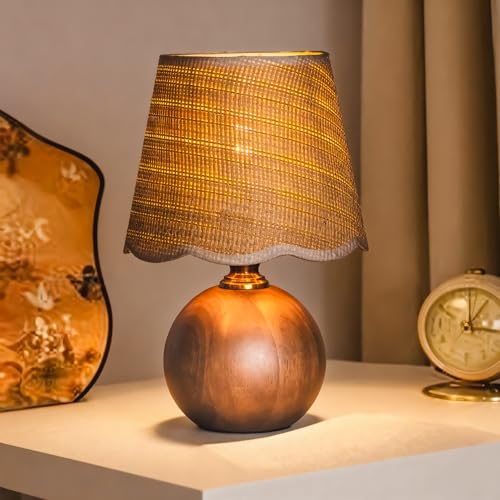 URLIGHTS 11.4" Modern Wooden Bedside Table Lamp, Small Nightstand Desk Lamp with Fabric Shade, Warm Ambient Light, Dimmabl...