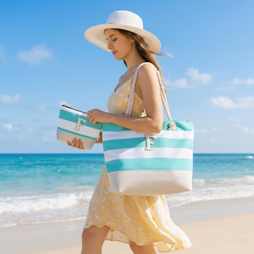 Vavabox Initial Beach Tote Bag for Women, Water-resistant Travel Beach Bag Pool Bag Set, Birthday Gifts for Women Mom