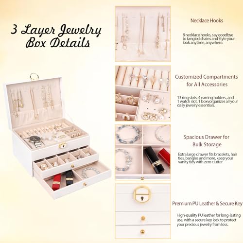 RQQM 3 Layer Jewelry Box Organizer with Drawers, Lockable PU Leather Jewelry Storage Case for Mothrer's Day gifts Necklace...