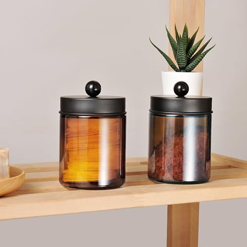 Amolliar Amber Glass Qtip Holder, Apothecary Jars with Matte Black Metal Lid & Stickers-Bathroom Qtip Dispenser Storage Or...