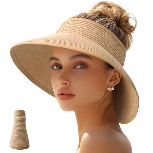 JYxingchi Sun Visor Hats for Women Straw Wide Brim Ponytail Beach Hat Packable Foldable UV Protection Travel Hats