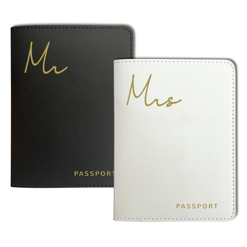 Mr&Mrs Gifts Matching Passport Holders for Mr and Mrs, Gold Foil Logo, Dual PU Leather with Card Pockets, Honeymoon Travel...