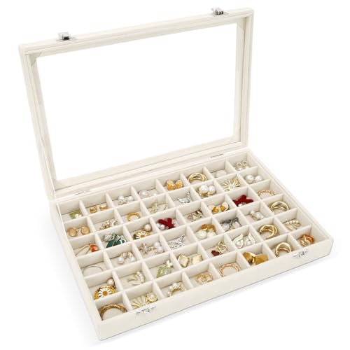 DUNPUTE Velvet Jewelry Organizer Storage Tray, 48 Grid Adjustable Earring Holder Organizer with Clear Lid, Jewelry Display...
