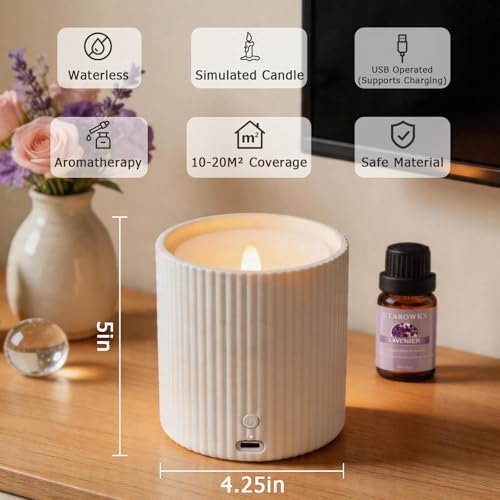 2 in 1 Waterless Essential Oil Diffuser and 3D Wick and Realistic Flame Candle,Flameless Candle Diffuser,USB Power Supply ...