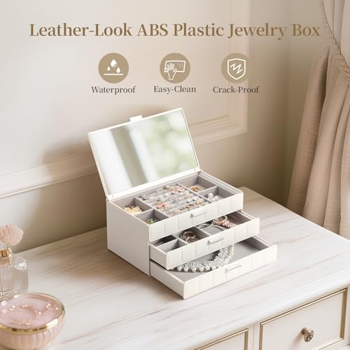 LAMU Jewelry Box Organizer with Mirror, 3-Layer Jewelry organizer with 2 Drawers, Large PU Leather Organizer for Earrings ...
