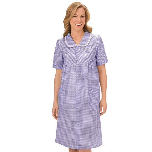 Collections Etc Gingham Robe with Floral Accents, Snap-Front Closure and Lace Trim