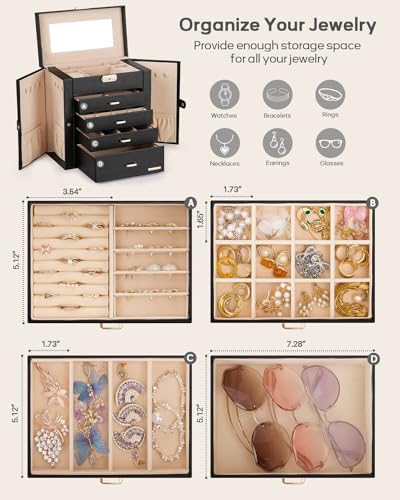 Homde Synthetic Leather Huge Jewelry Box Mirrored Watch Organizer Necklace Ring Earring Storage Lockable Gift Case (Black...