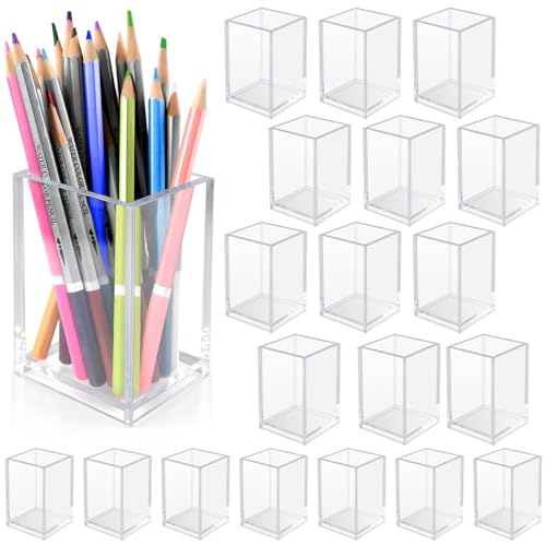 20 Pack Clear Acrylic Pen Holder for Desk, Pencil Cup Makeup Brush Organizer, Square Acrylic Pencil Holders for Office Sch...