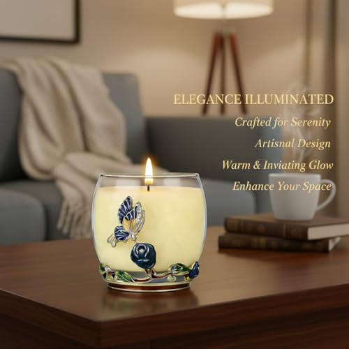 Scented Candles Gifts for Women - Enamel Butterfly & Blue Rose Decorative Glass Jar with Faceted Crystal Lid, Special Cand...