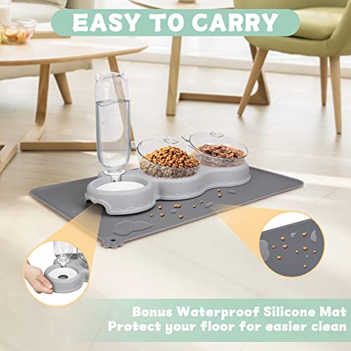 Triple Cat Bowls for Food and Water, YECERCAN Plastic Raised Cat Bowls with Automatic Water Bottle & Waterproof Mat for Ca...