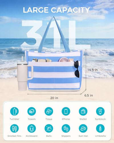 WANDF Beach Bags for Women, Large Waterproof Sandproof Beach Tote Bag with Zipper Family Pool Bags with 40oz Tumbler Pocke...
