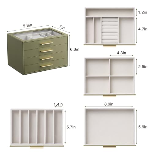 Jewelry Box Organizer Case for Women: 4-Layer Jewelry Storage Case with Glass Window, Olive Green Leather with Cream Velve...