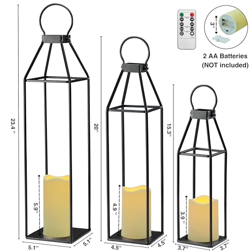 Perfnique Set of 3 Black Metal Lanterns w/ Waterproof Flickering Flameless Candle & Remote Timer, Modern Farmhouse Lantern...