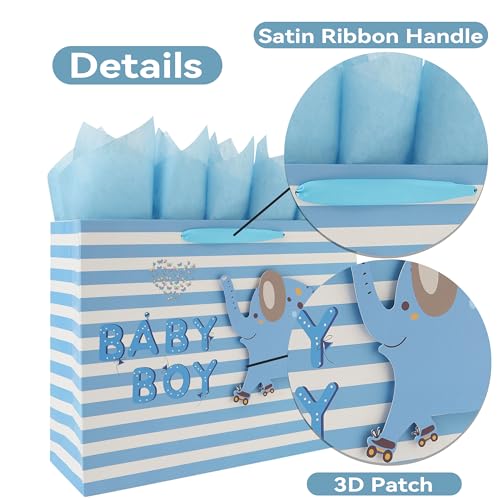 16.5” Extra Large Baby Boy Gift Bag Set with Handles, Greeting Card, Blue Tissue Papers and Stickers for Boys Kids for Bab...