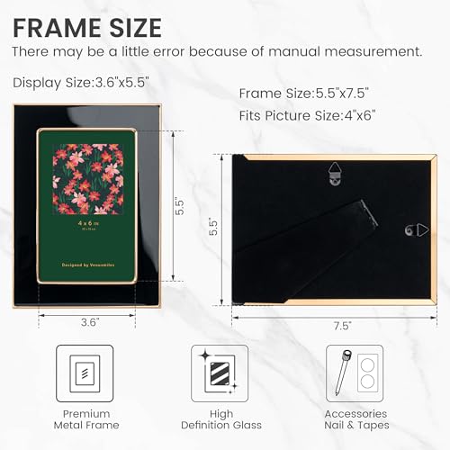 Venusmiles 4x6 Enamel Picture Frame, Gold Metal Edge with Easel, Real Glass Photo Frame for Wall and Tabletop Display Fami...