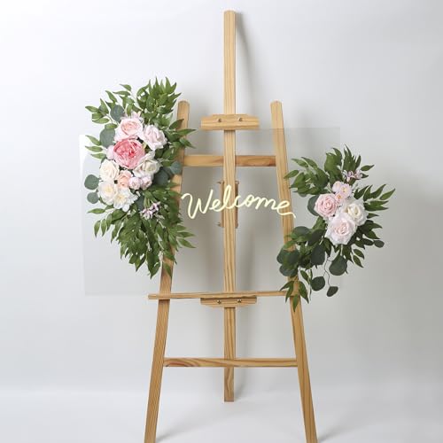 AitnWoy Artificial Wedding Arch Flowers Kit 2 PCS Dust Rose Flowers Silk Peony Floral Swag Welcome Sign for Wedding Ceremo...