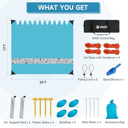 VILLEY Beach Tent Sun Shelter with UPF50+ Protection for 5 Person, 8x7FT Portable Sun Shade with 2 Stability Poles and 4 S...
