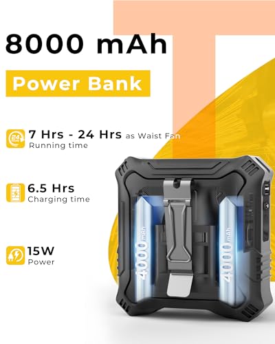 TUNISE Portable Fan with 5-Speed Settings, Dual-Sided Clip on Wearable Belt Waist Fan for 8000mAh, 2 Settings including Fl...
