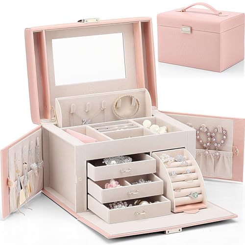 Vlando Jewelry Box Organizer for Girls Women, Large Baroque Jewelry Holder Organizer with Mirror, 3 Drawers for Bracelets,...