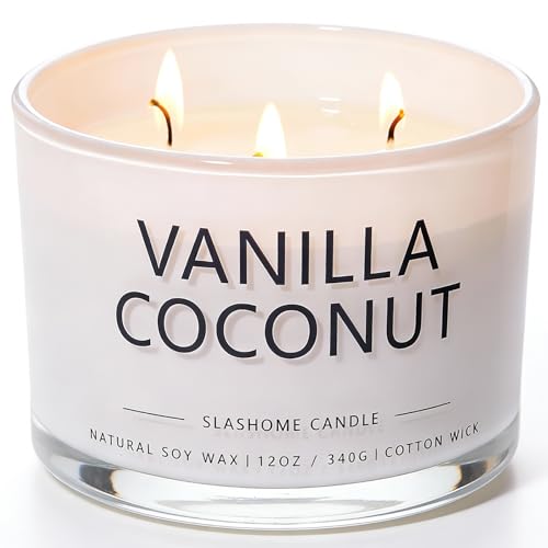 Vanilla Coconut Scented Candle, Luxury Large 3 Wick Soy Candle 12 Oz, 60+ Hour Long Lasting Clean Burn, Elegant Aromathera...