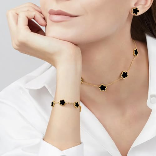 Gold Necklaces Bracelets Earring Set - 18K Gold Plated Flower Bracelet Chain,Stainless Steel Non Tarnish Floral Pendant St...