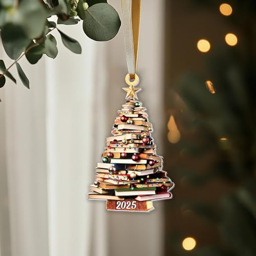 Pack 2 Book Tree Christmas Ornament (1 Wood+1 Acrylic), 2025 Bookworm Christmas Ornaments 2D Flat, Gift for Women, Book Lo...
