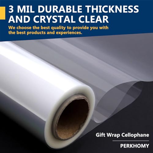 PerkHomy Clear Cellophane Wrap Roll 16" x 100' 3 Mil Thick Cellophane For Gift Basket Treats Goodie Wrapping Craft Flower ...