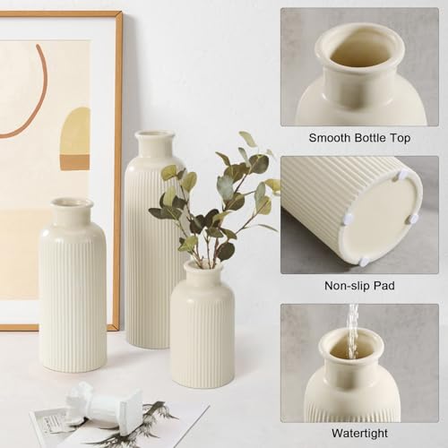 Small Beige Ceramic Vase Set of 3, Boho Modern Beige Flower Vase Room Decor, Farmhouse Decor, Vases for Your Kitchen, Bath...