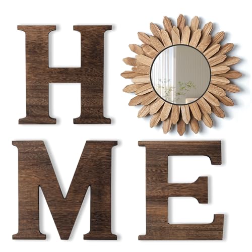 CHIF HAUTH Wood Home Sign with Sunflower Shaped Wood Mirror for O, Thick Letters for Wall Art, Rustic Decor, Farmhouse Hom...