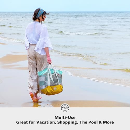 STOVER Extra Large Mesh Beach Bag, Vacation, Pool, Shopping & Travel Tote - Foldable w/Storage Pouch & Pockets for Women, Men