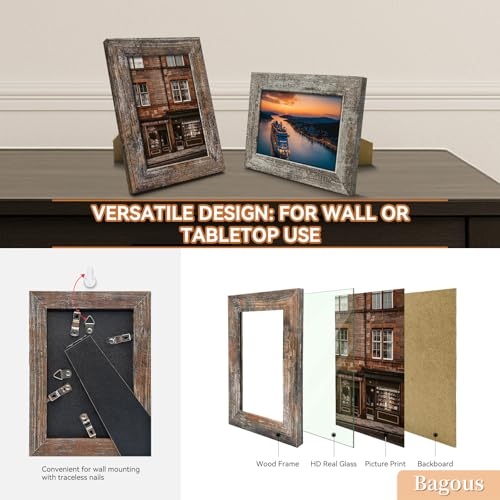 Bagous 4x6 Picture Frames Set of 8, Vintage Rustic Farmhouse Industrial Style Photo Frames, High Definition Real Glass, fo...