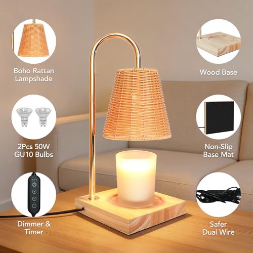 Immeiscent Candle Warmer Lamp with Timer Dimmable Boho Rattan Lampshade Natural Weaving Wax Warmer for Jar Candles Mothers...