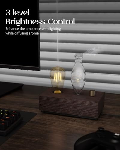 Glass Essential Oil Diffuser with Natural Wood Base, Waterless Aromatherapy Diffusers with Bulb, 3 Color Light Aroma Nebul...