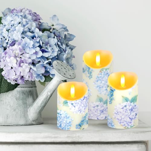 Ouvibor 3 Pcs Hydrangea Flameless Candles Wedding Table Centerpiece Chinoiserie Candles Hydrangea Floral Printed Faux Cand...