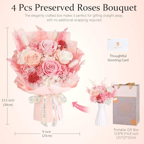 Preserved Flowers Bouquet 4 Roses - Pink Roses & Flowers for Delivery, Long-Lasting Real Roses Forever, Mothers Day Gifts ...