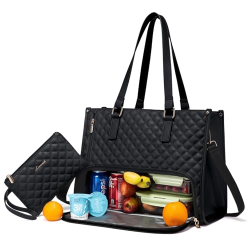LOVEVOOK Lunch Tote Bag for Women, 15.6 Inch Laptop Bag with Insulated Lunch Compartment, Quilted Large Capacity Computer ...