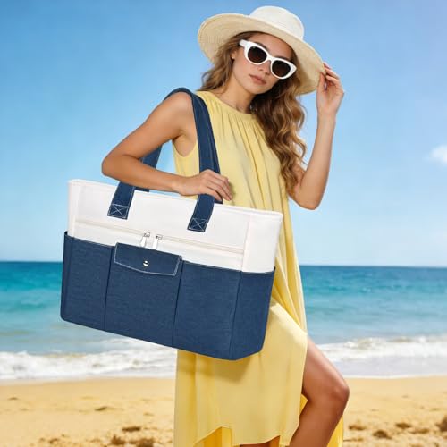 ZENTREON Beach Bags for Women Large Canvas Beach Tote with Zipper Wet Pocket, Waterproof Foldable Swim Pool Travel Tote Bags