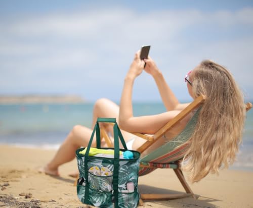 KABAQOO Mesh Beach Bag, Extra Large Beach Bags with 9 Pockets & Zipper Waterproof Lightweight Beach Tote for Beach/Pool Trip