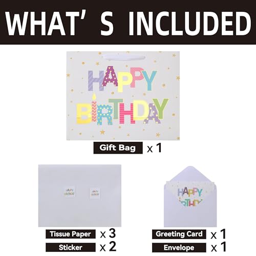 Qirrmiy 13'' Large Happy Birthday Gift Bag Set with Handles, Greeting Card, White Tissue Papers and Stickers for Women Gir...