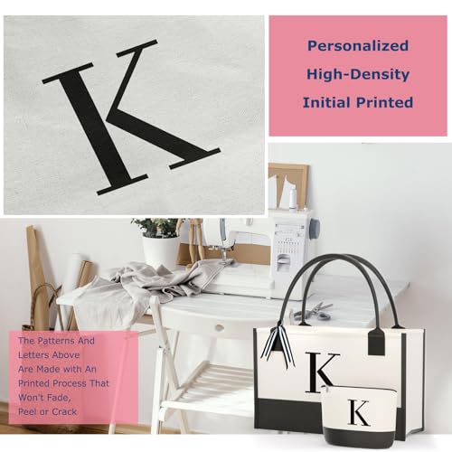 OATALY Monogrammed Canvas Tote Bag with Zipper Pockets - Ideal Gift for Mom, Teacher, Sister
