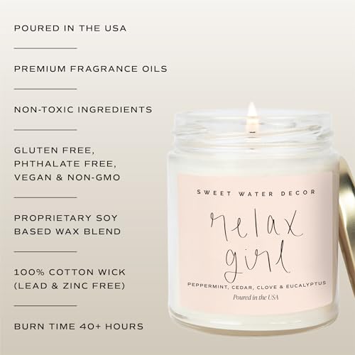 Sweet Water Decor Relax Girl, Peppermint, Cedar, Clove, and Eucalyptus Scented Soy Wax Candle for Home | 9oz Clear Jar, 40...