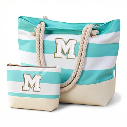 Vavabox Initial Beach Tote Bag for Women, Water-resistant Travel Beach Bag Pool Bag Set, Birthday Gifts for Women Mom