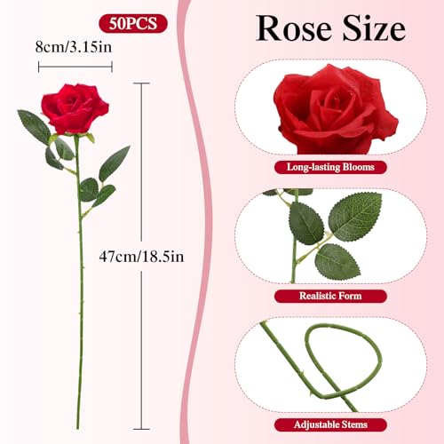 Yimomoyi Fake Red Roses Set, 50 PCS Artificial Flowers Bulk, Realistic Silk Faux Rose with Stems, for Wedding Decoration, ...