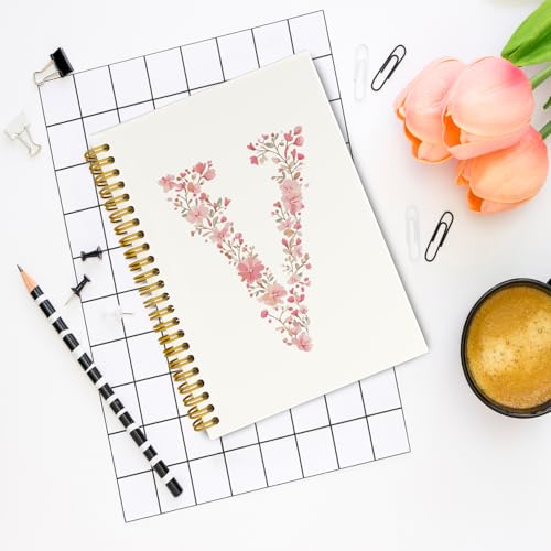 QROZIAR Pink Cute Spiral Notebook Journal, Preppy Floral Initial Letter V Personalized Journaling Notebooks, Monogrammed G...