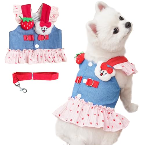 ANIAC Denim Dog Dress Harness with Leash Set Cute Small Dogs Clothes Girl Heart Patterns Puppy Dresses Breathable Mesh Cat...